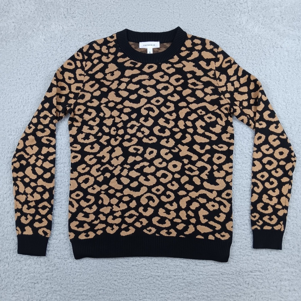 Popsugar Sweater Leopard Print Women S Black Tan Crewneck Pullover RN 73277